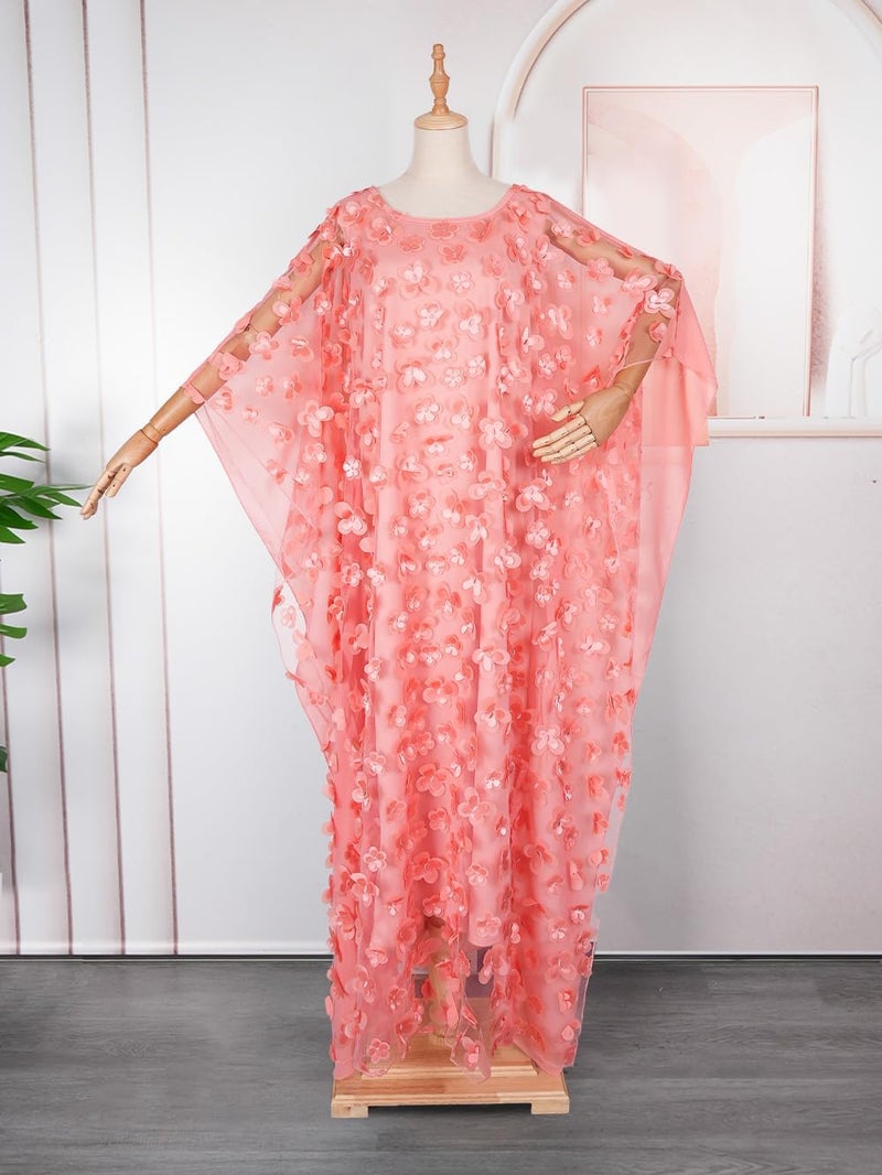 HD African Women Applique Flower Dress Boat Neck Pink (Coral) Caftan Chiffon Gown One Size - Image 3